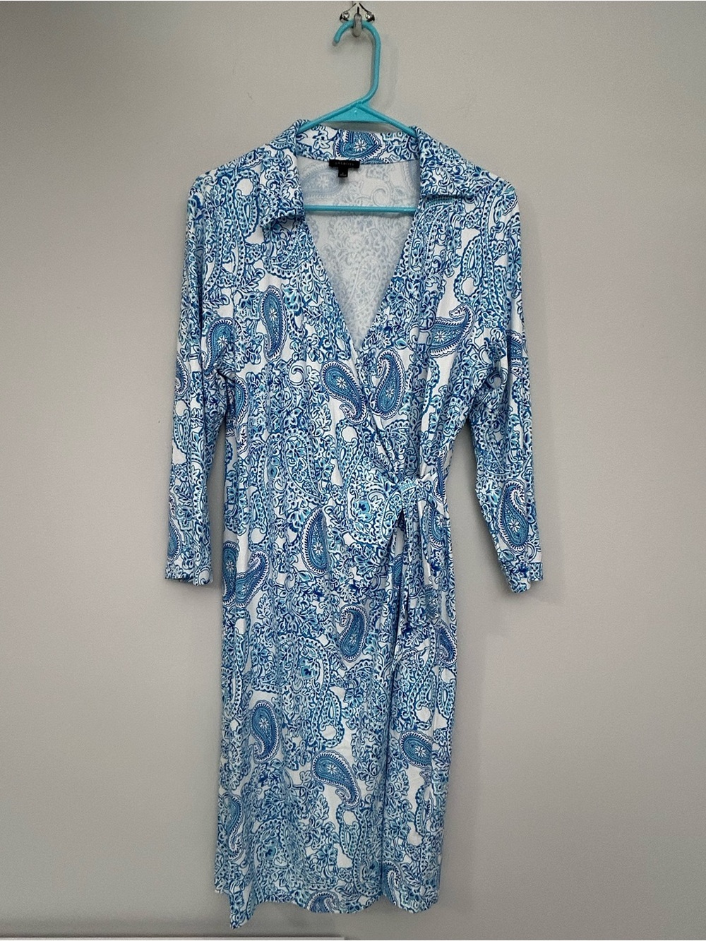 Talbots Women’s Blue and White Paisley Midi Wrap Dress Size L